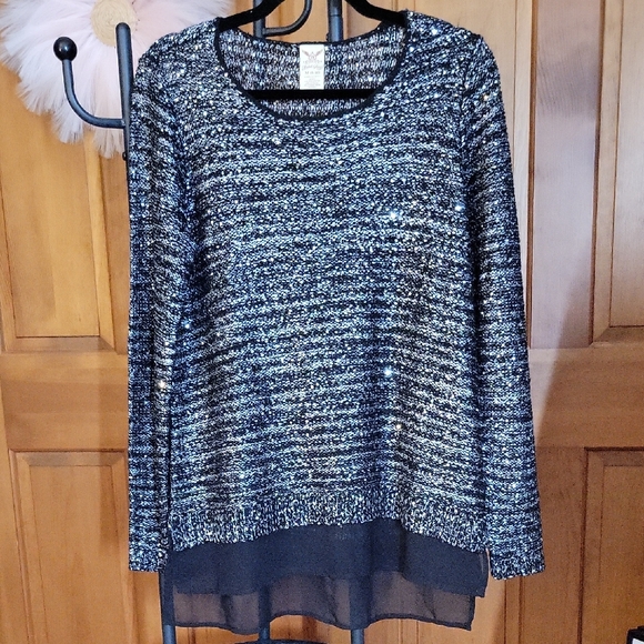 Faded Glory Sweaters - SEQUIN SPARKLE KNIT SWEATER with Sheer Hem